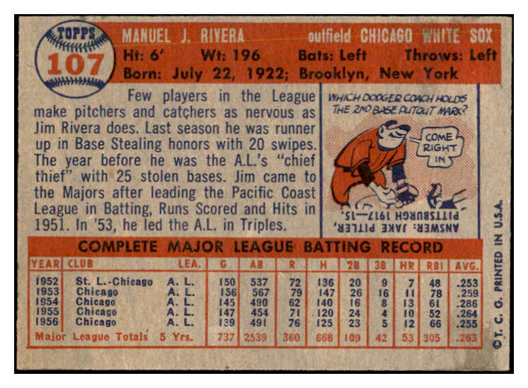 1957 Topps Baseball #107 Jim Rivera White Sox EX-MT 535434