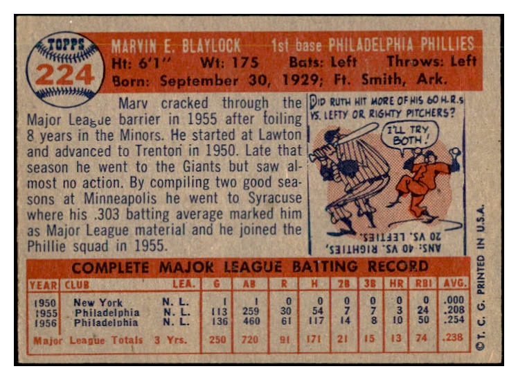 1957 Topps Baseball #224 Marv Blaylock Phillies EX-MT 535484