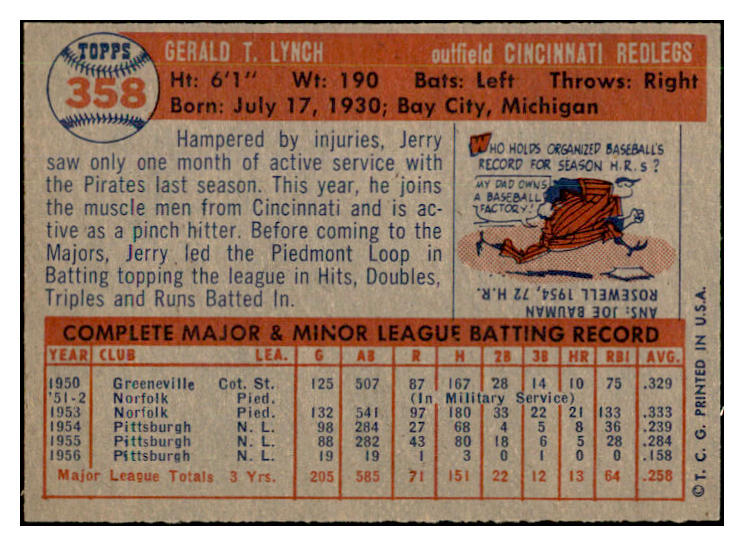 1957 Topps Baseball #358 Jerry Lynch Reds EX-MT 535505