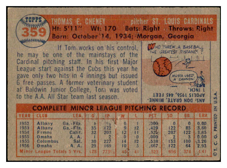 1957 Topps Baseball #359 Tom Cheney Cardinals EX-MT 535506
