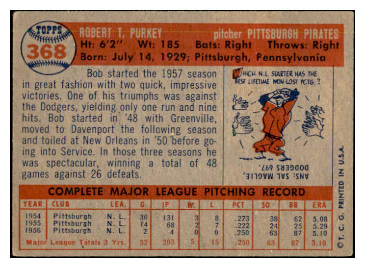 1957 Topps Baseball #368 Bob Purkey Pirates EX-MT 535513