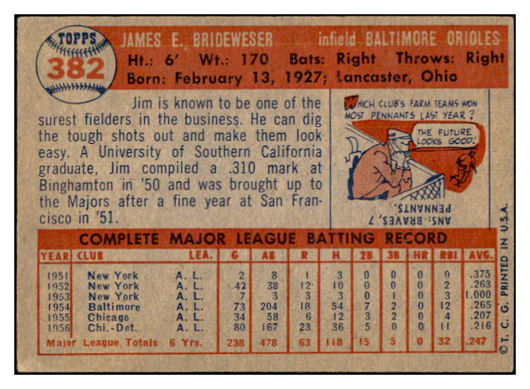 1957 Topps Baseball #382 Jim Brideweser Orioles EX-MT 535520