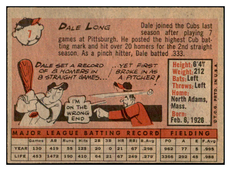 1958 Topps Baseball #007 Dale Long Cubs EX-MT 535540
