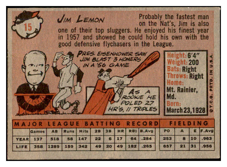 1958 Topps Baseball #015 Jim Lemon Senators EX-MT 535546
