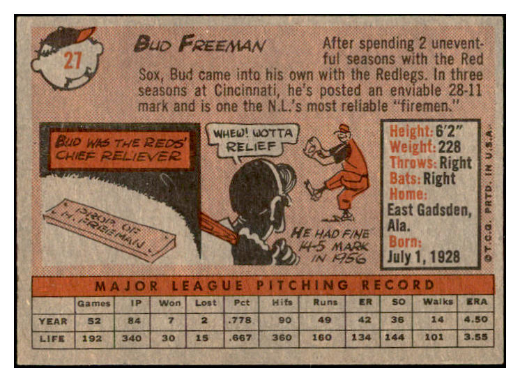 1958 Topps Baseball #027 Bud Freeman Reds EX-MT 535555