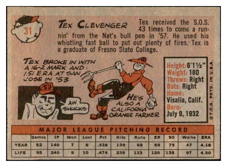1958 Topps Baseball #031 Tex Clevenger Senators EX-MT 535561