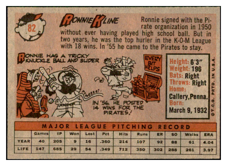 1958 Topps Baseball #082 Ronnie Kline Pirates EX-MT 535622