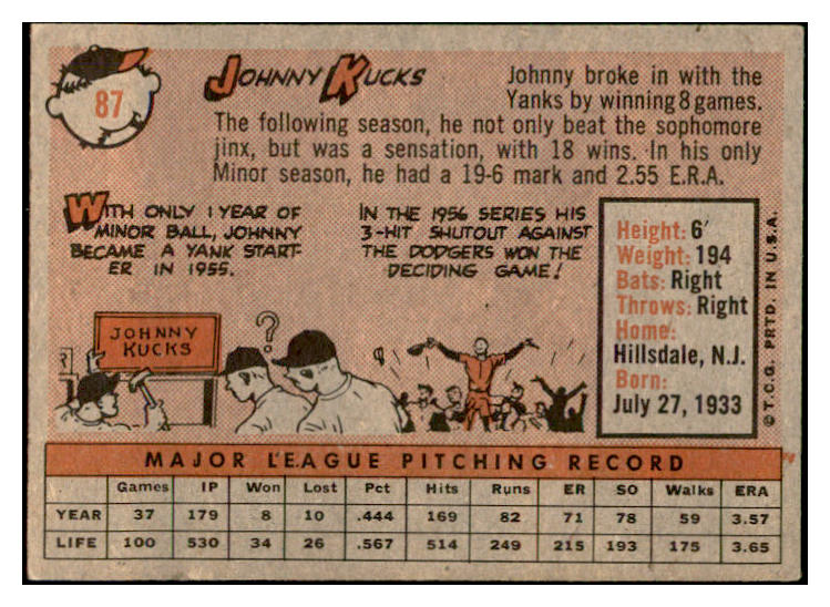1958 Topps Baseball #087 Johnny Kucks Yankees EX-MT 535628