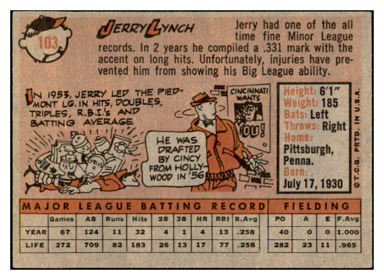 1958 Topps Baseball #103 Jerry Lynch Reds EX-MT 535643