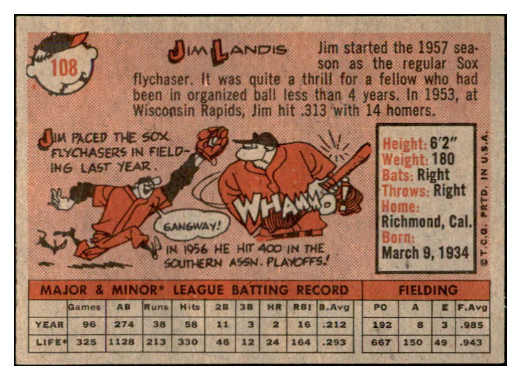 1958 Topps Baseball #108 Jim Landis White Sox EX-MT 535650