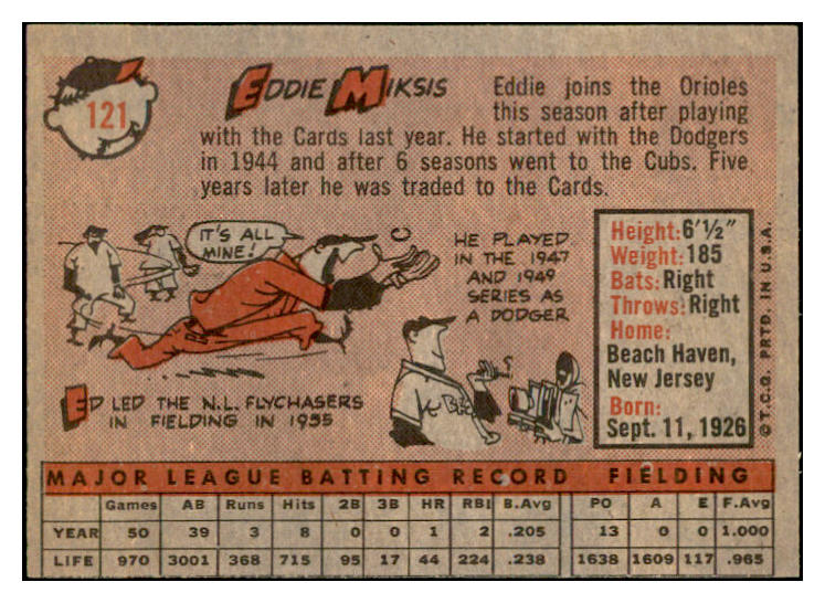 1958 Topps Baseball #121 Eddie Miksis Orioles EX-MT 535665