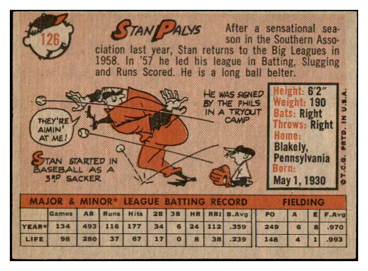 1958 Topps Baseball #126 Stan Palys Reds EX-MT 535671