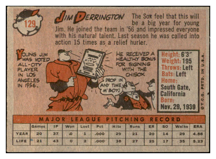 1958 Topps Baseball #129 Jim Derrington White Sox EX-MT 535675