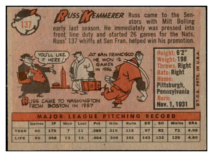 1958 Topps Baseball #137 Russ Kemmerer Senators EX-MT 535684
