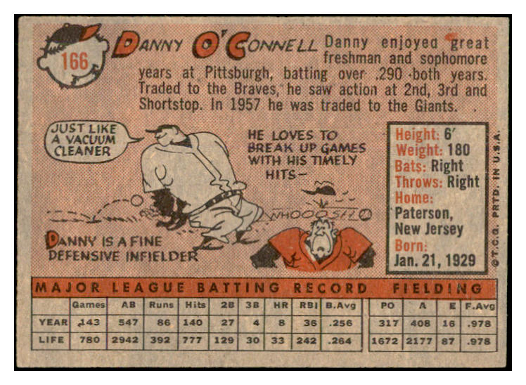 1958 Topps Baseball #166 Danny O'Connell Giants EX-MT 535719