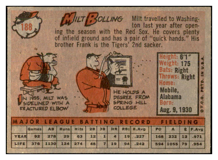 1958 Topps Baseball #188 Milt Bolling Senators EX-MT 535748