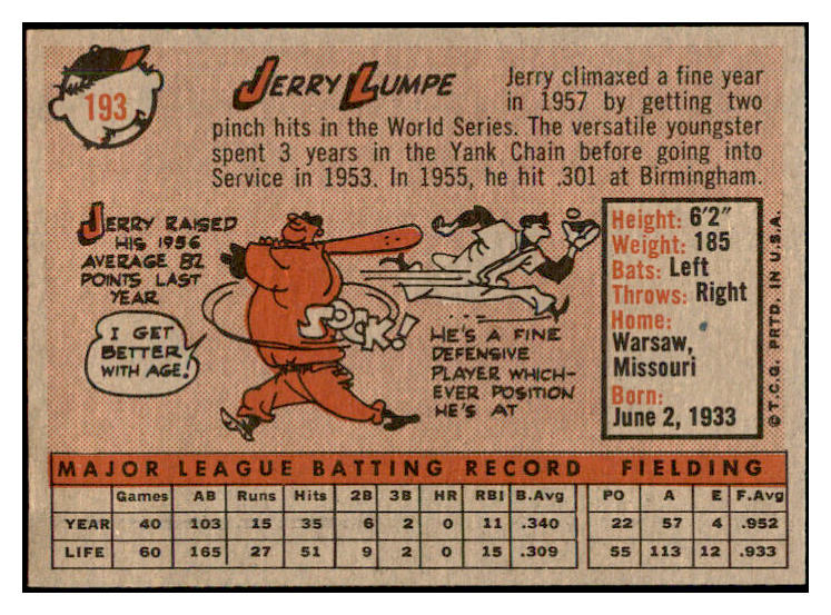 1958 Topps Baseball #193 Jerry Lumpe Yankees EX-MT 535756