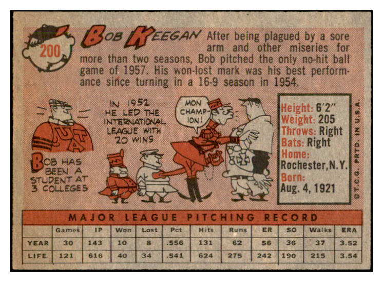 1958 Topps Baseball #200 Bob Keegan White Sox EX-MT 535763