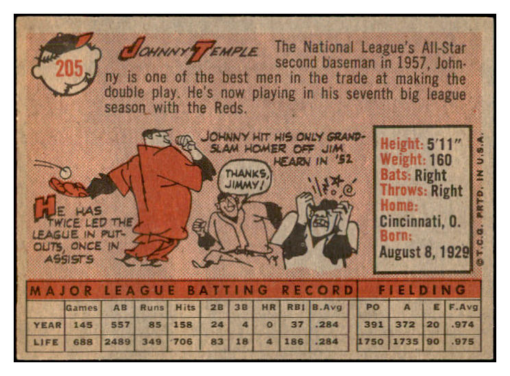1958 Topps Baseball #205 Johnny Temple Reds EX-MT 535771