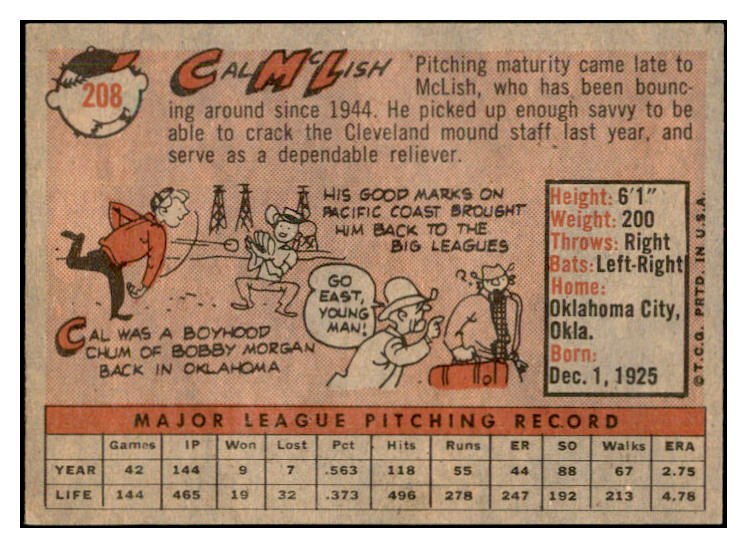 1958 Topps Baseball #208 Cal Mclish Indians EX-MT 535777
