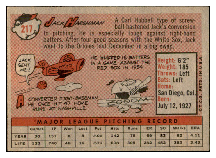1958 Topps Baseball #217 Jack Harshman Orioles EX-MT 535787
