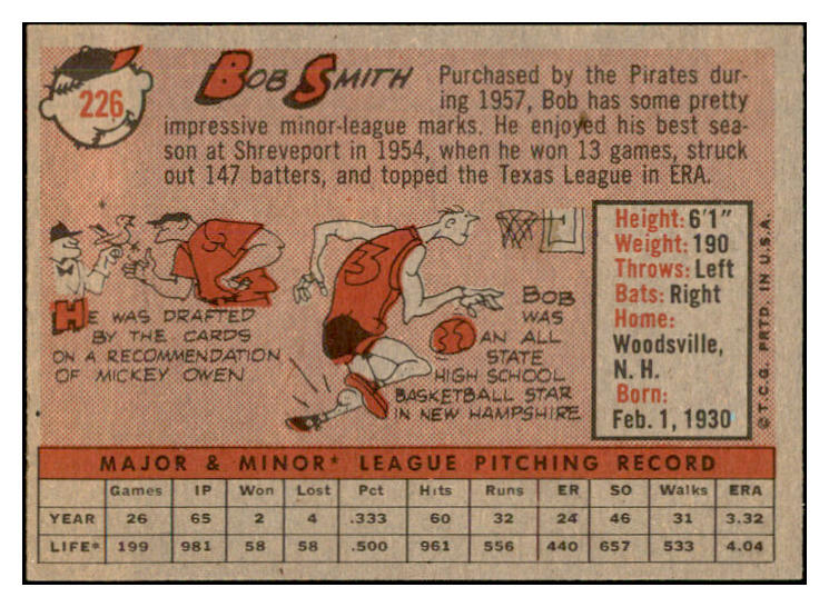 1958 Topps Baseball #226 Bob Smith Pirates EX-MT 535802