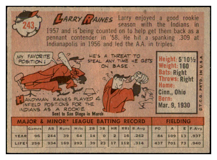 1958 Topps Baseball #243 Larry Raines Indians EX-MT 535827
