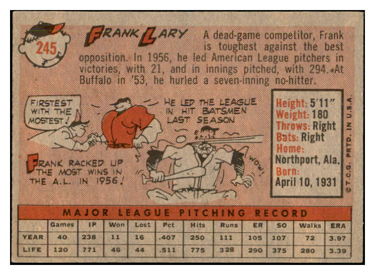 1958 Topps Baseball #245 Frank Lary Tigers EX-MT 535830