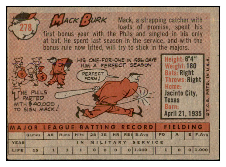 1958 Topps Baseball #278 Mack Burk Phillies EX-MT 535872