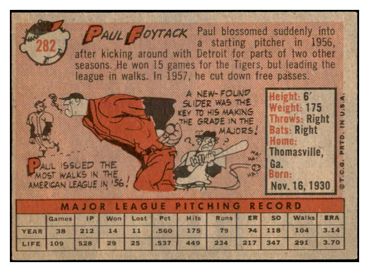 1958 Topps Baseball #282 Paul Foytack Tigers EX-MT 535876