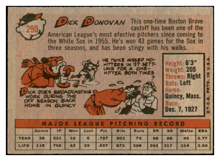 1958 Topps Baseball #290 Dick Donovan White Sox EX-MT 535885