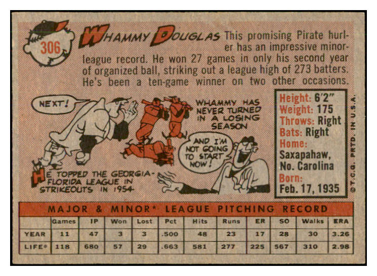 1958 Topps Baseball #306 Whammy Douglas Pirates EX-MT 535901
