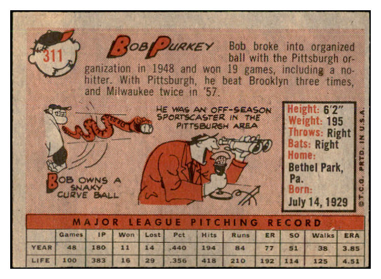 1958 Topps Baseball #311 Bob Purkey Reds EX-MT 535907