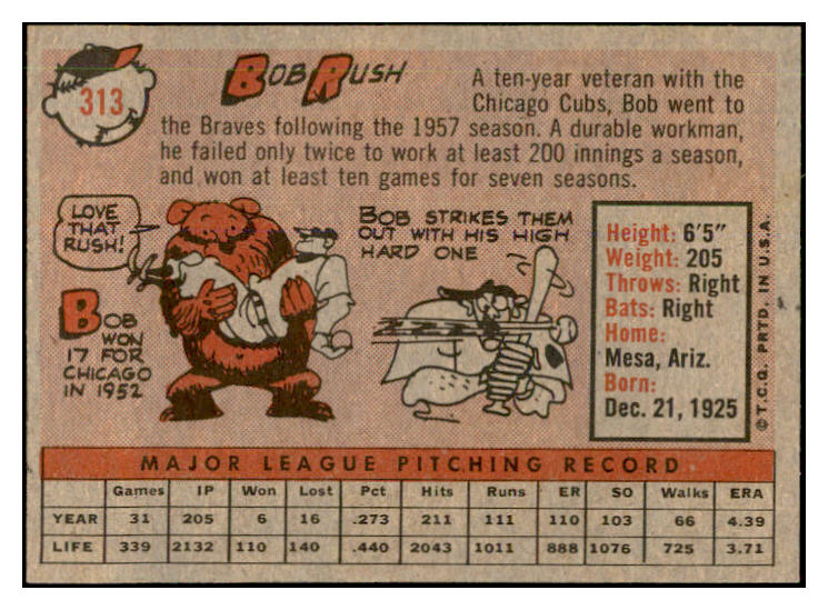 1958 Topps Baseball #313 Bob Rush Braves EX-MT 535908