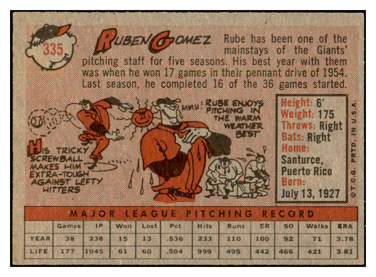 1958 Topps Baseball #335 Ruben Gomez Giants EX-MT 535930
