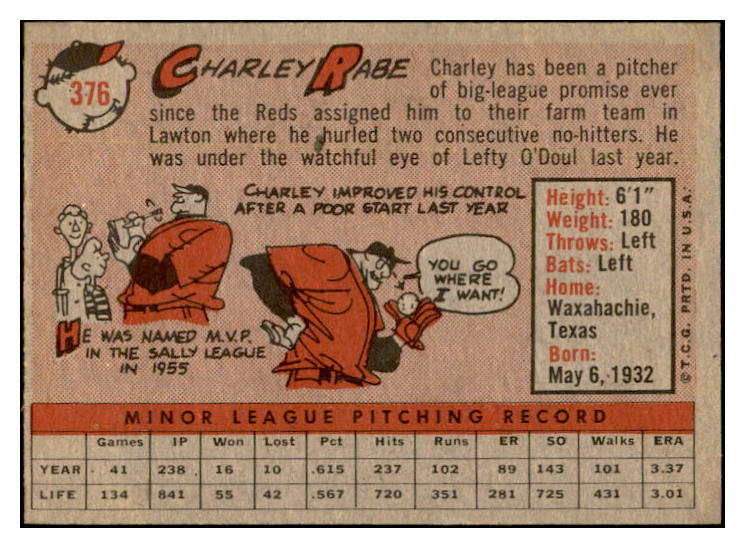 1958 Topps Baseball #376 Charley Rabe Reds EX-MT 535982