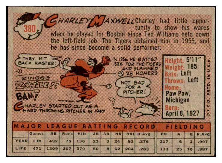 1958 Topps Baseball #380 Charley Maxwell Tigers EX-MT 535986
