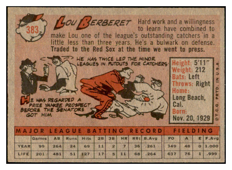 1958 Topps Baseball #383 Lou Berberet Red Sox EX-MT 535991
