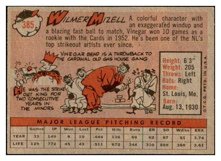 1958 Topps Baseball #385 Wilmer Mizell Cardinals EX-MT 535993