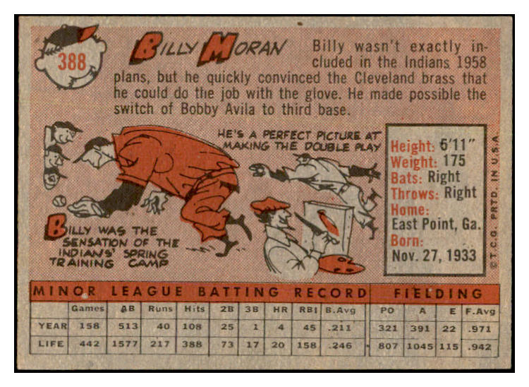 1958 Topps Baseball #388 Billy Moran Indians EX-MT 535997