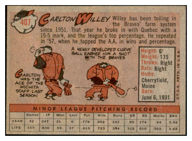 1958 Topps Baseball #407 Carlton Willey Braves EX-MT 536022