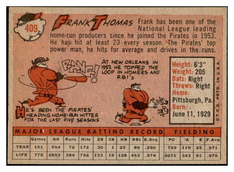 1958 Topps Baseball #409 Frank Thomas Pirates EX-MT 536024