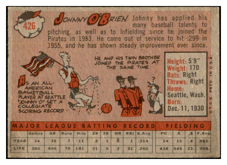 1958 Topps Baseball #426 Johnny O'Brien Pirates EX-MT 536044