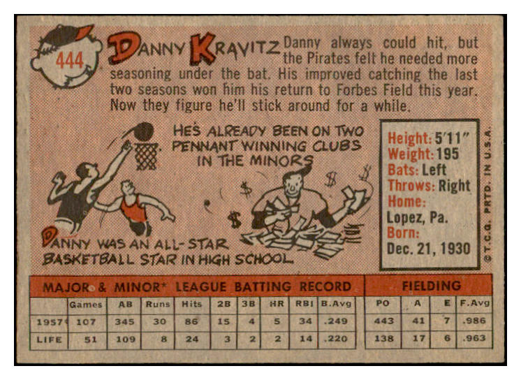 1958 Topps Baseball #444 Danny Kravitz Pirates EX-MT 536063