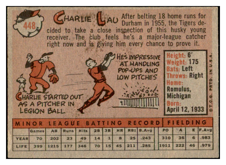 1958 Topps Baseball #448 Charlie Lau Tigers EX-MT 536068