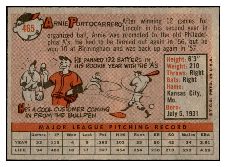 1958 Topps Baseball #465 Arnie Portocarrero Orioles EX-MT 536086