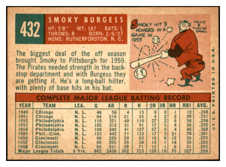 1959 Topps Baseball #432 Smoky Burgess Pirates EX-MT 536264