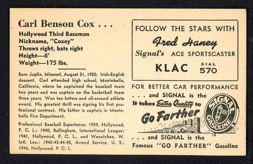 1947 Signal Oil Carl Cox Hollywood EX 537091
