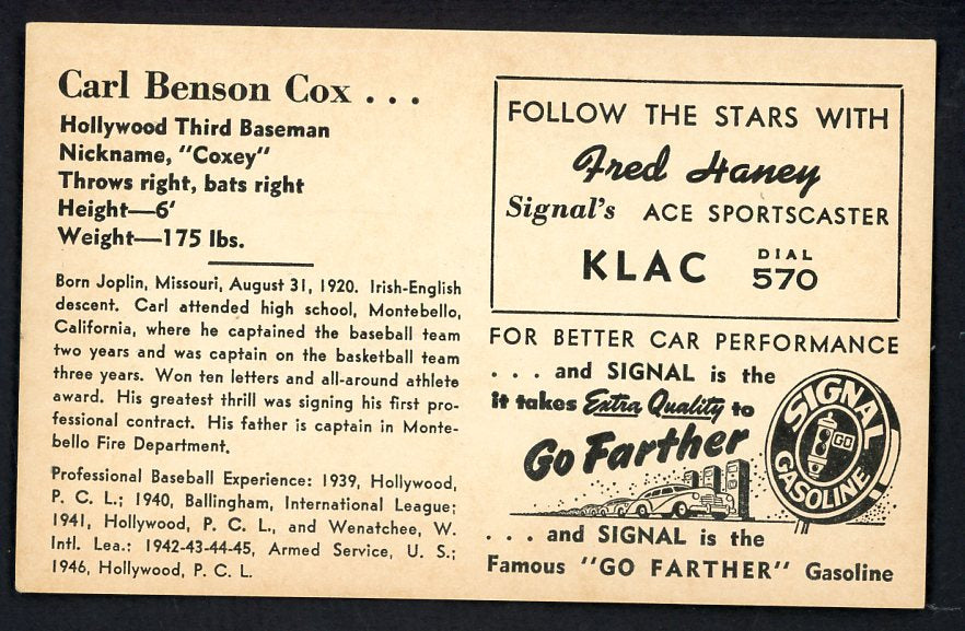 1947 Signal Oil Carl Cox Hollywood EX 537092