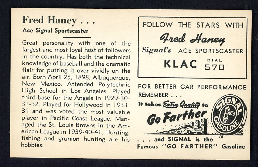 1947 Signal Oil Fred Haney Hollywood EX-MT 537103